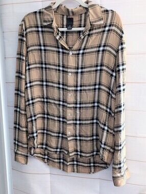 Nwot H&M Men's Tan Plaid Soft Long-Sleeve Button-Down Shirt Size Medium
